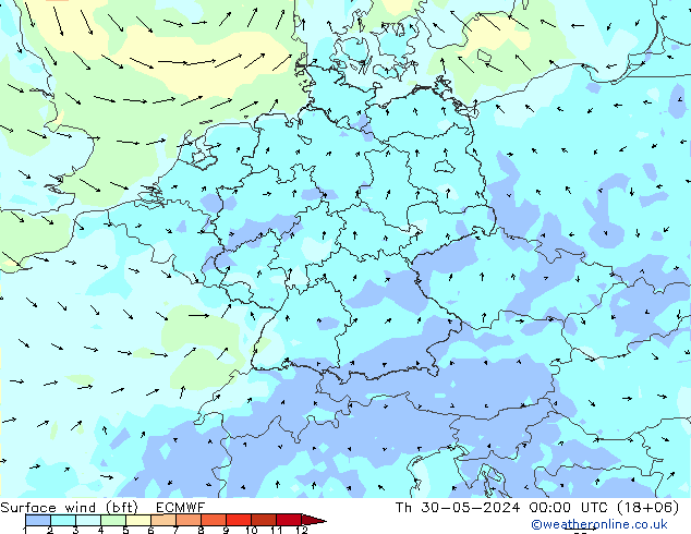 Surface wind (bft) ECMWF Čt 30.05.2024 00 UTC