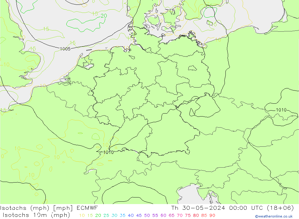 Isotachen (mph) ECMWF Do 30.05.2024 00 UTC