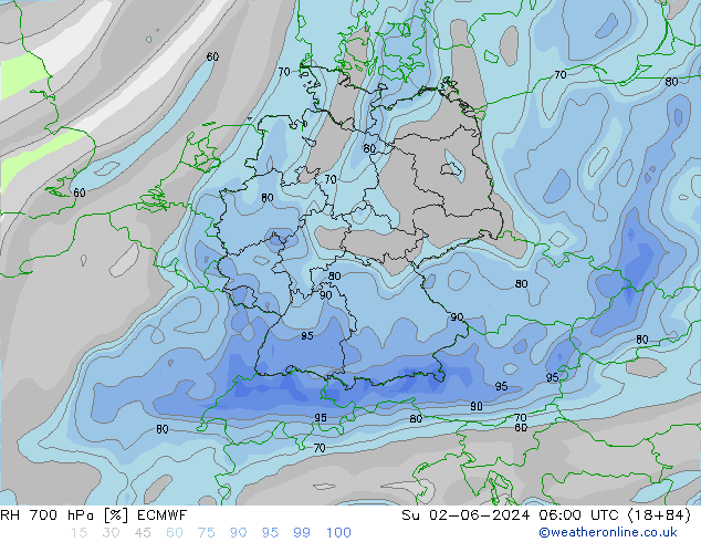 RH 700 hPa ECMWF Su 02.06.2024 06 UTC