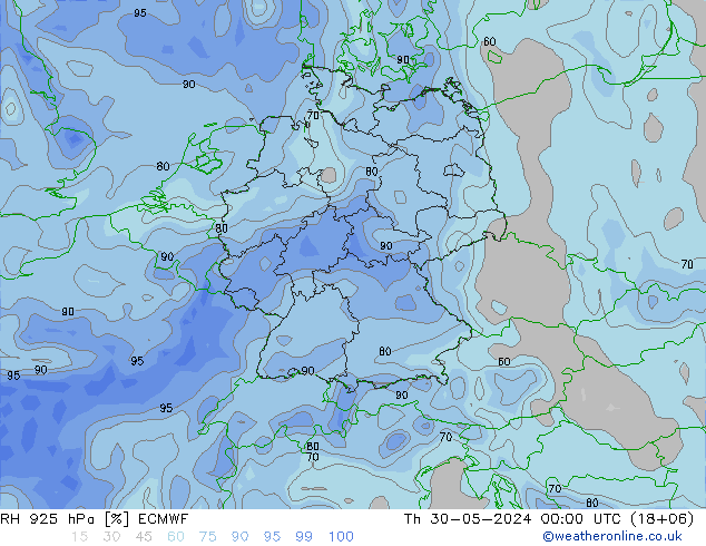 RH 925 hPa ECMWF Th 30.05.2024 00 UTC