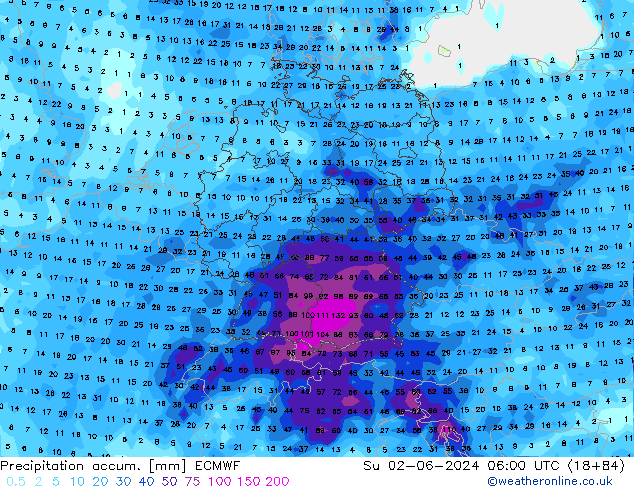 Precipitation accum. ECMWF Ne 02.06.2024 06 UTC