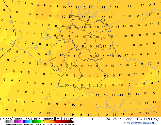 Yükseklik/Sıc. 850 hPa ECMWF Paz 02.06.2024 12 UTC