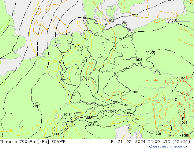 Theta-e 700hPa ECMWF Fr 31.05.2024 21 UTC