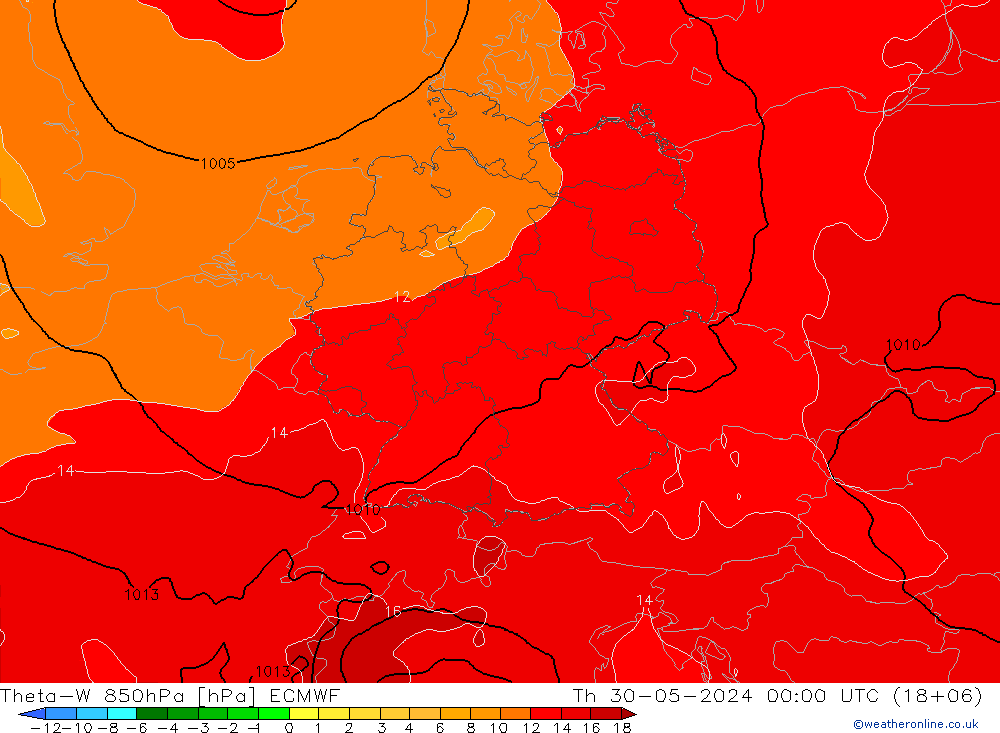 Theta-W 850hPa ECMWF czw. 30.05.2024 00 UTC