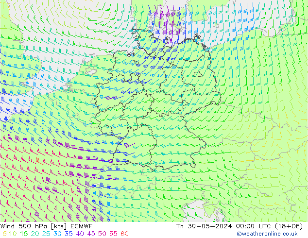 Wind 500 hPa ECMWF Čt 30.05.2024 00 UTC