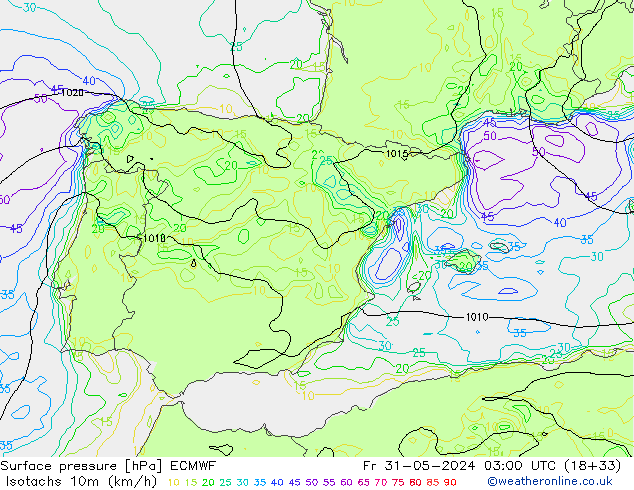 Isotaca (kph) ECMWF vie 31.05.2024 03 UTC