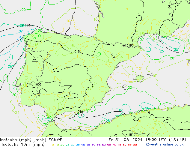 Eşrüzgar Hızları mph ECMWF Cu 31.05.2024 18 UTC