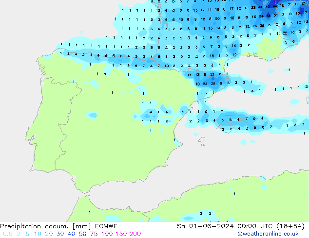 Precipitation accum. ECMWF sab 01.06.2024 00 UTC