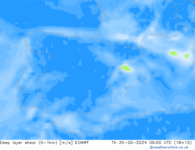 Deep layer shear (0-1km) ECMWF Čt 30.05.2024 09 UTC