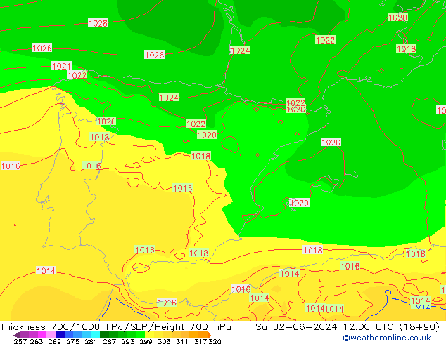 700-1000 hPa Kalınlığı ECMWF Paz 02.06.2024 12 UTC