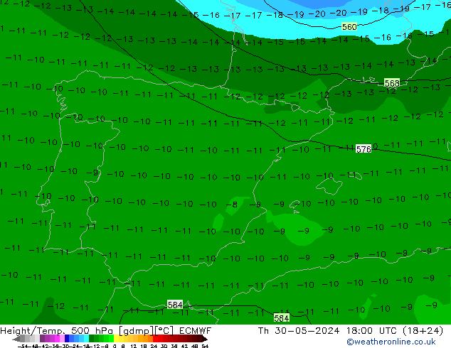 Hoogte/Temp. 500 hPa ECMWF do 30.05.2024 18 UTC