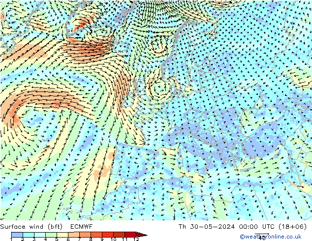 Surface wind (bft) ECMWF Th 30.05.2024 00 UTC