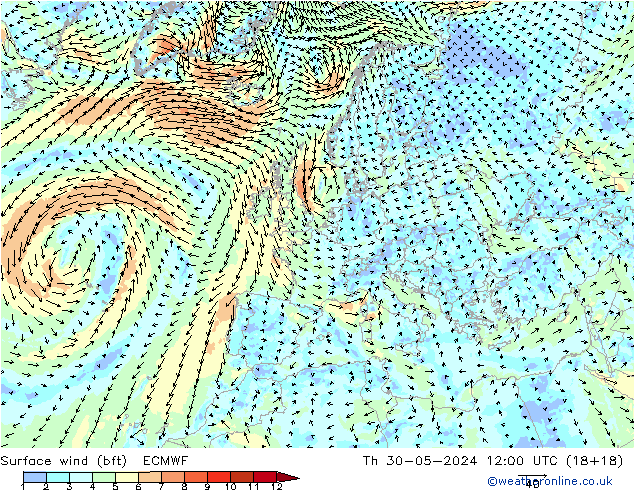 Rüzgar 10 m (bft) ECMWF Per 30.05.2024 12 UTC