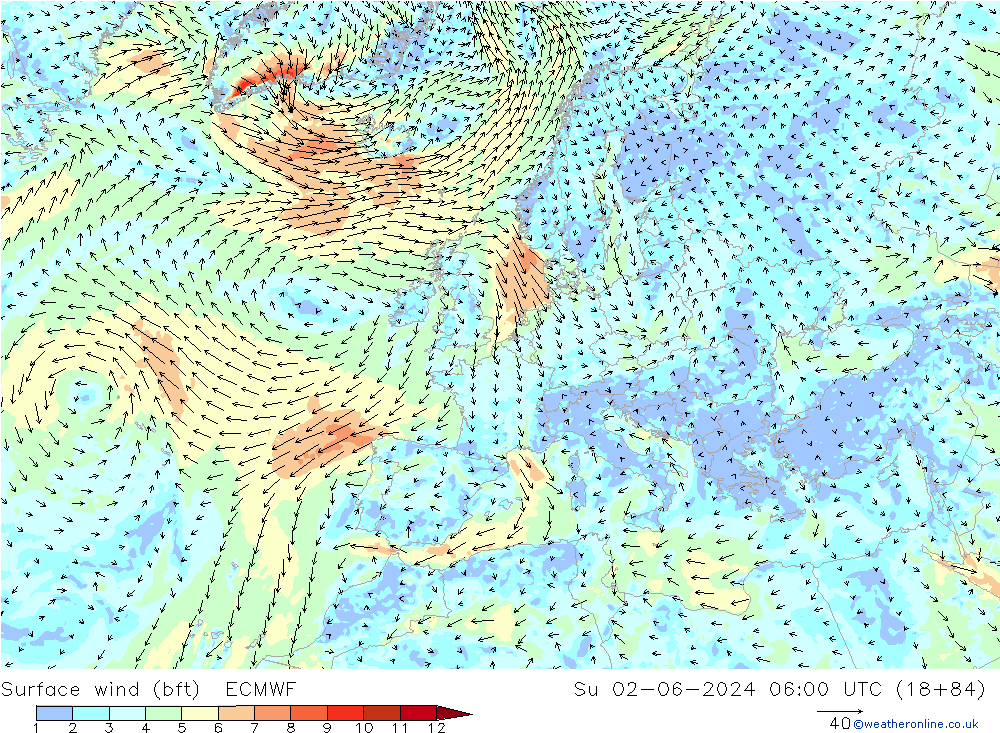 Rüzgar 10 m (bft) ECMWF Paz 02.06.2024 06 UTC