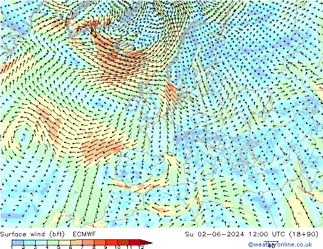 Rüzgar 10 m (bft) ECMWF Paz 02.06.2024 12 UTC