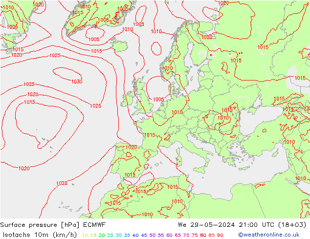 Isotachs (kph) ECMWF We 29.05.2024 21 UTC