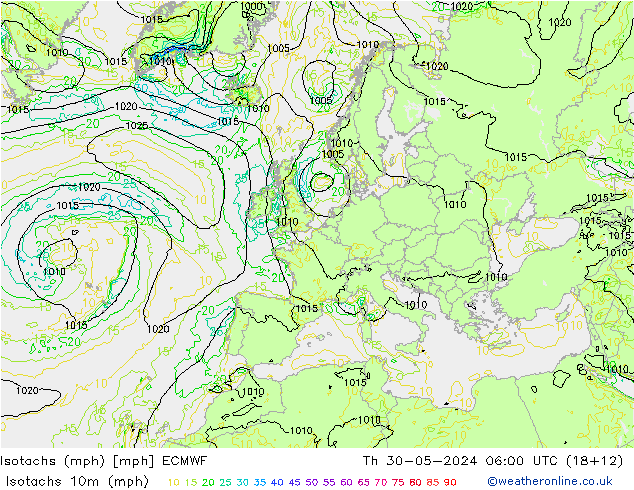 Isotachs (mph) ECMWF Qui 30.05.2024 06 UTC