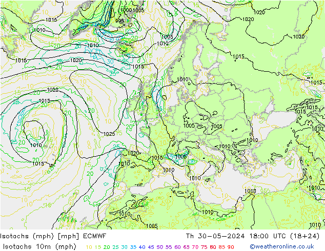 Isotachs (mph) ECMWF gio 30.05.2024 18 UTC