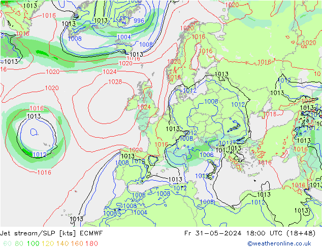 Jet stream/SLP ECMWF Fr 31.05.2024 18 UTC