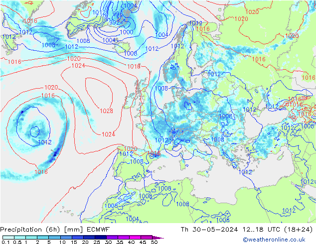 Totale neerslag (6h) ECMWF do 30.05.2024 18 UTC