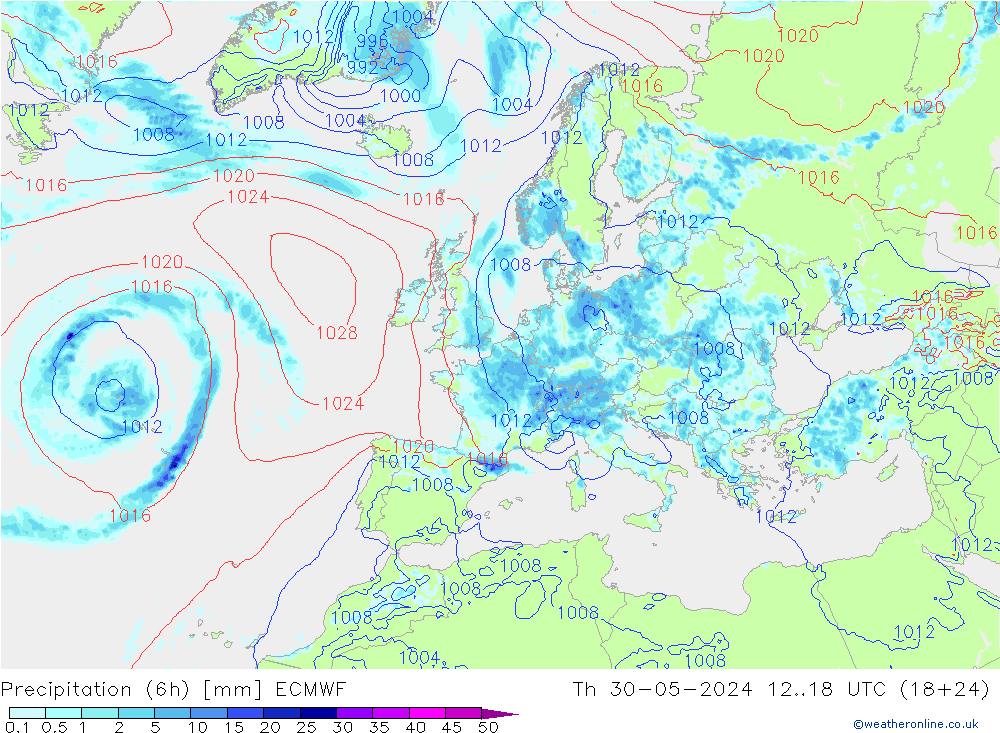 Precipitación (6h) ECMWF jue 30.05.2024 18 UTC