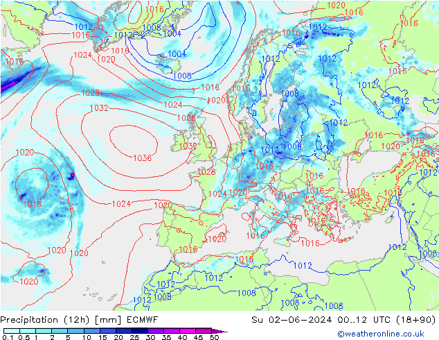 Precipitation (12h) ECMWF Ne 02.06.2024 12 UTC