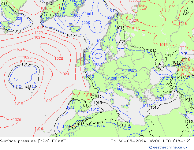 Pressione al suolo ECMWF gio 30.05.2024 06 UTC