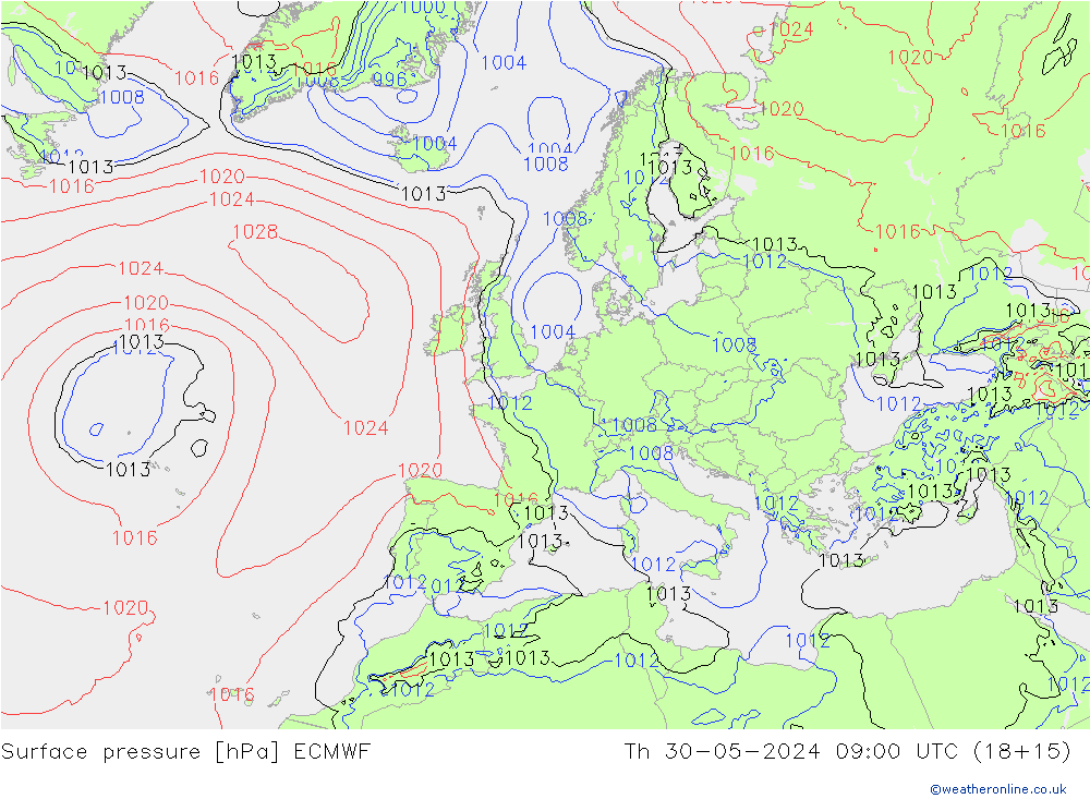 Presión superficial ECMWF jue 30.05.2024 09 UTC