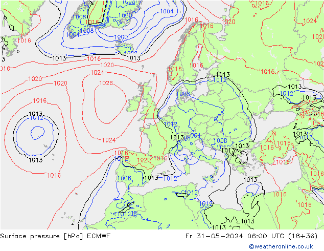 Presión superficial ECMWF vie 31.05.2024 06 UTC