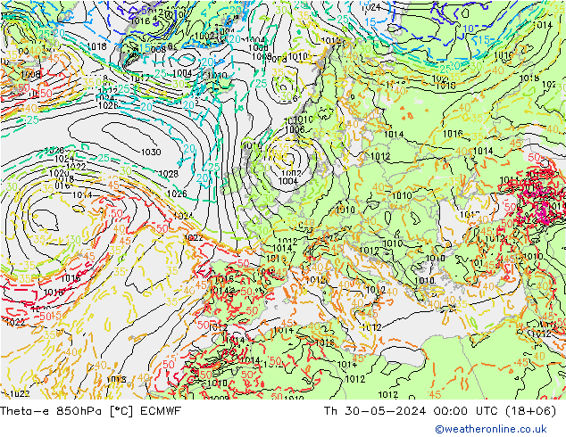 Theta-e 850hPa ECMWF jue 30.05.2024 00 UTC