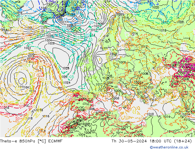 Theta-e 850hPa ECMWF 星期四 30.05.2024 18 UTC