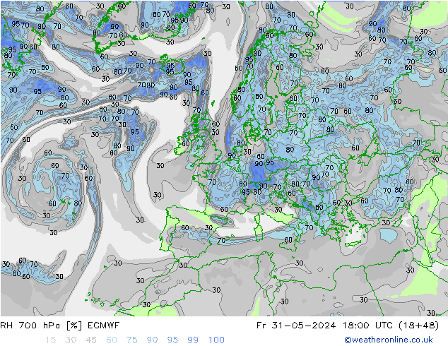 RH 700 hPa ECMWF  31.05.2024 18 UTC