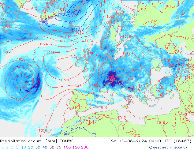 Precipitation accum. ECMWF so. 01.06.2024 09 UTC