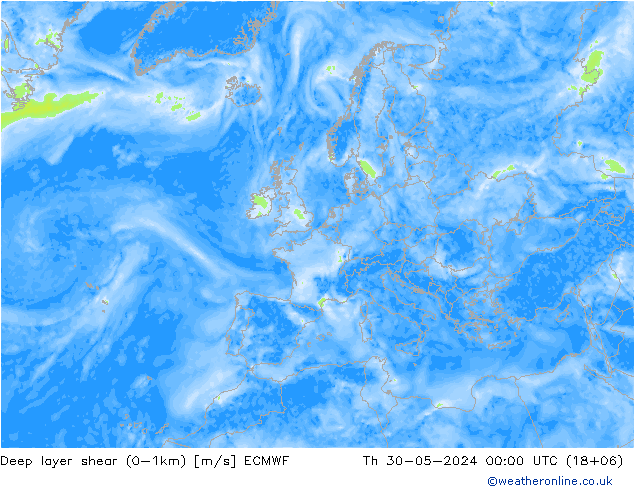 Deep layer shear (0-1km) ECMWF Th 30.05.2024 00 UTC