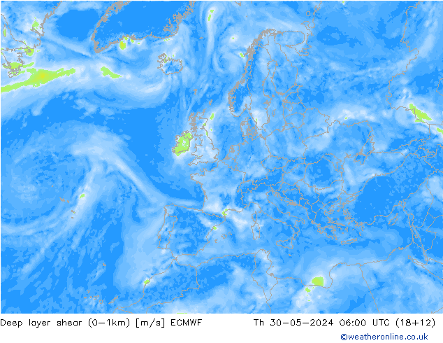 Deep layer shear (0-1km) ECMWF Do 30.05.2024 06 UTC