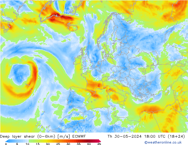 Deep layer shear (0-6km) ECMWF 星期四 30.05.2024 18 UTC