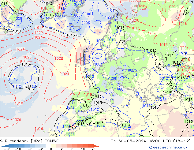 SLP tendency ECMWF Th 30.05.2024 06 UTC