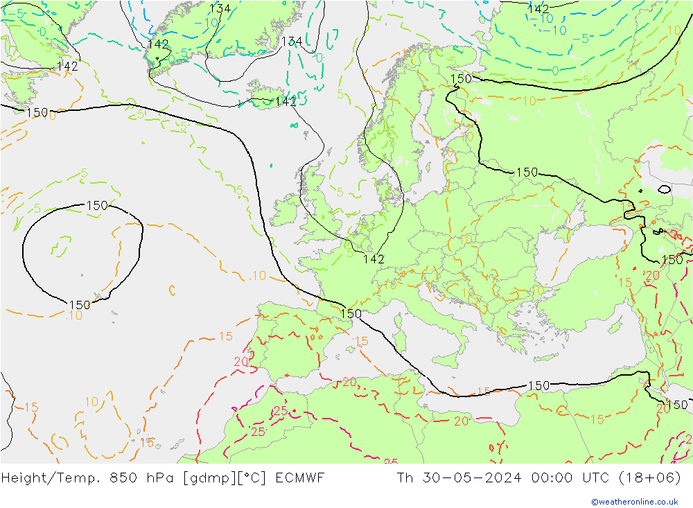 Z500/Rain (+SLP)/Z850 ECMWF 星期四 30.05.2024 00 UTC