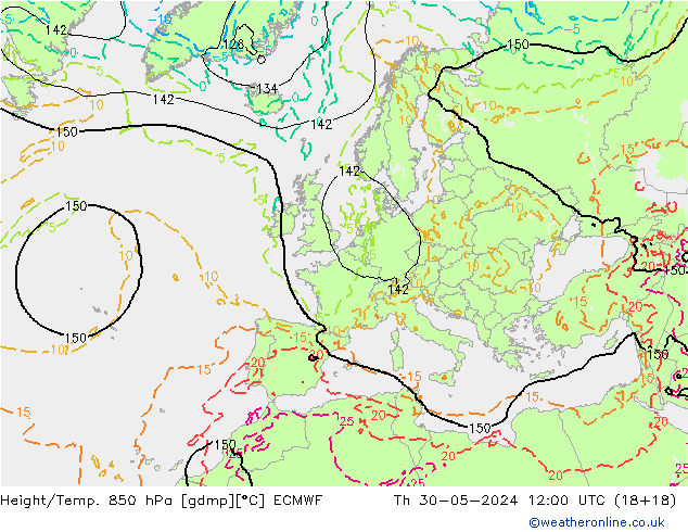 Z500/Rain (+SLP)/Z850 ECMWF Th 30.05.2024 12 UTC