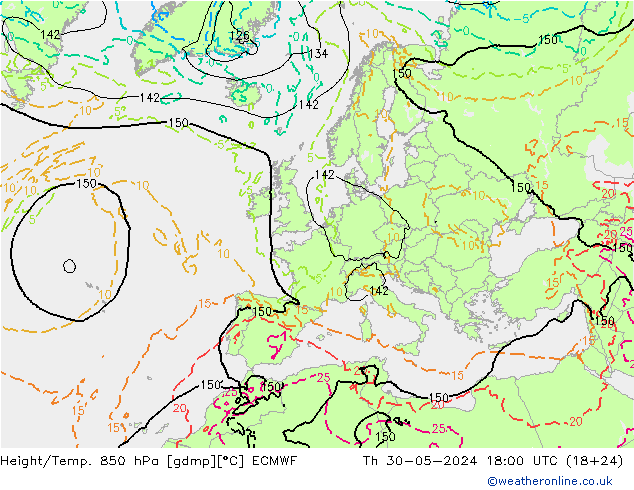 Height/Temp. 850 hPa ECMWF gio 30.05.2024 18 UTC