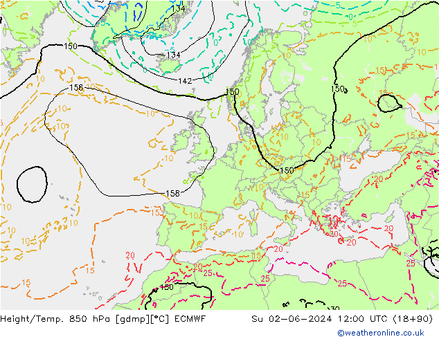 Height/Temp. 850 hPa ECMWF Dom 02.06.2024 12 UTC