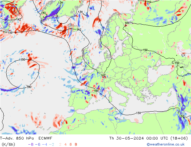 T-Adv. 850 гПа ECMWF чт 30.05.2024 00 UTC