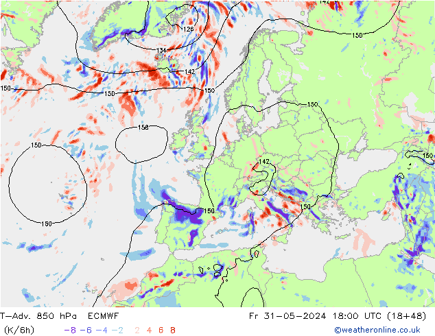 T-Adv. 850 hPa ECMWF vr 31.05.2024 18 UTC