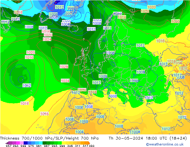 Thck 700-1000 hPa ECMWF Th 30.05.2024 18 UTC