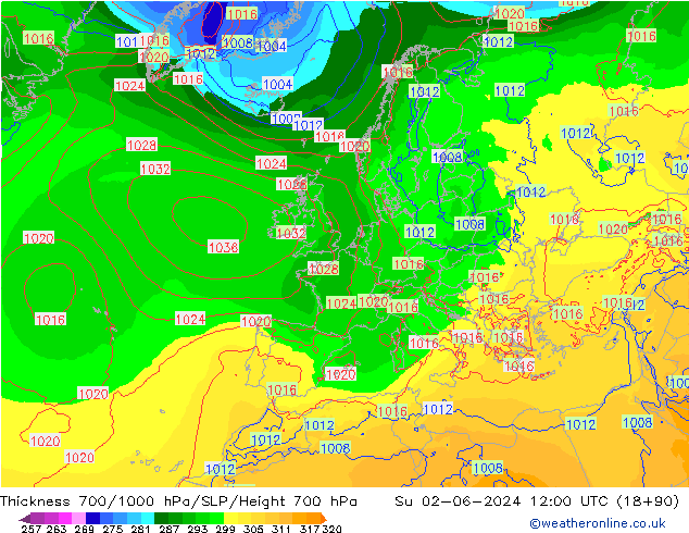 Schichtdicke 700-1000 hPa ECMWF So 02.06.2024 12 UTC