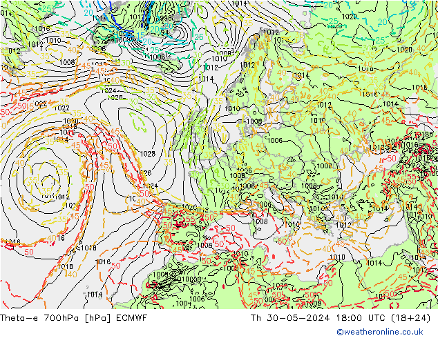 Theta-e 700hPa ECMWF Qui 30.05.2024 18 UTC