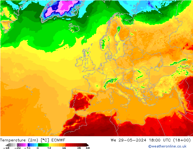 Temperaturkarte (2m) ECMWF Mi 29.05.2024 18 UTC