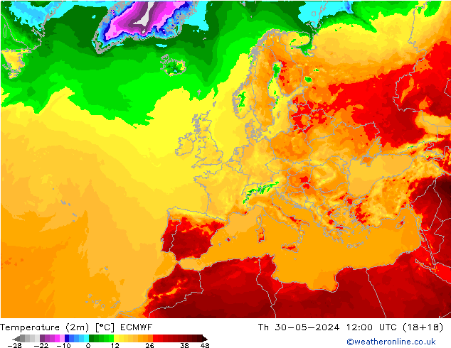 Temperatuurkaart (2m) ECMWF do 30.05.2024 12 UTC