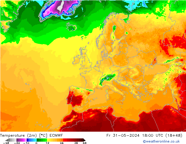 Temperatuurkaart (2m) ECMWF vr 31.05.2024 18 UTC