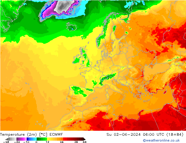 Temperaturkarte (2m) ECMWF So 02.06.2024 06 UTC